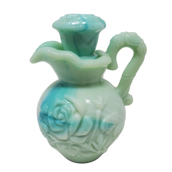 Vintage Avon Bath Oil Milk Glass Decanter Stopper Jadeite Rose Floral Bottle - Picture 2 of 13